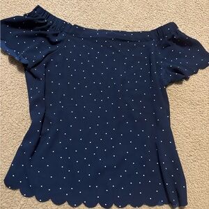 ELLE BRAND SILKY Navy Blue Polka Dot Off-Shoulder Top SIZE MEDIUM